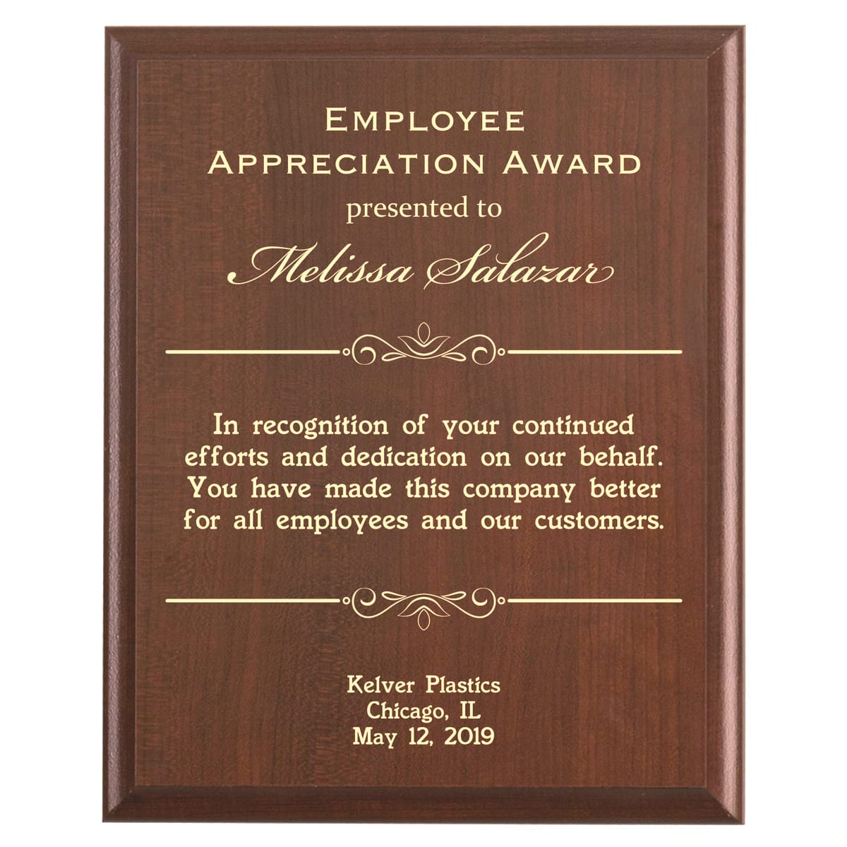 Plaque photo: Employee Appreciation Award design with free personalization. Wood style finish with customized text.