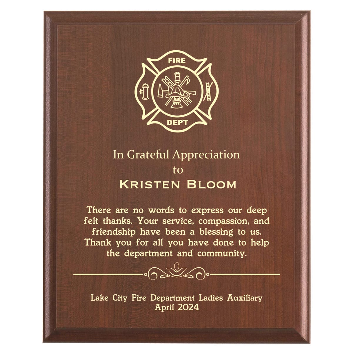 Plaque photo: Ladies Auxiliary Thank You Appreciation Plaque design with free personalization. Wood style finish with customized text.