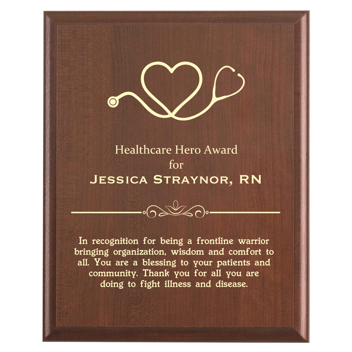 Plaque photo: Healthcare Hero Thank You Appreciation Plaque design with free personalization. Wood style finish with customized text.