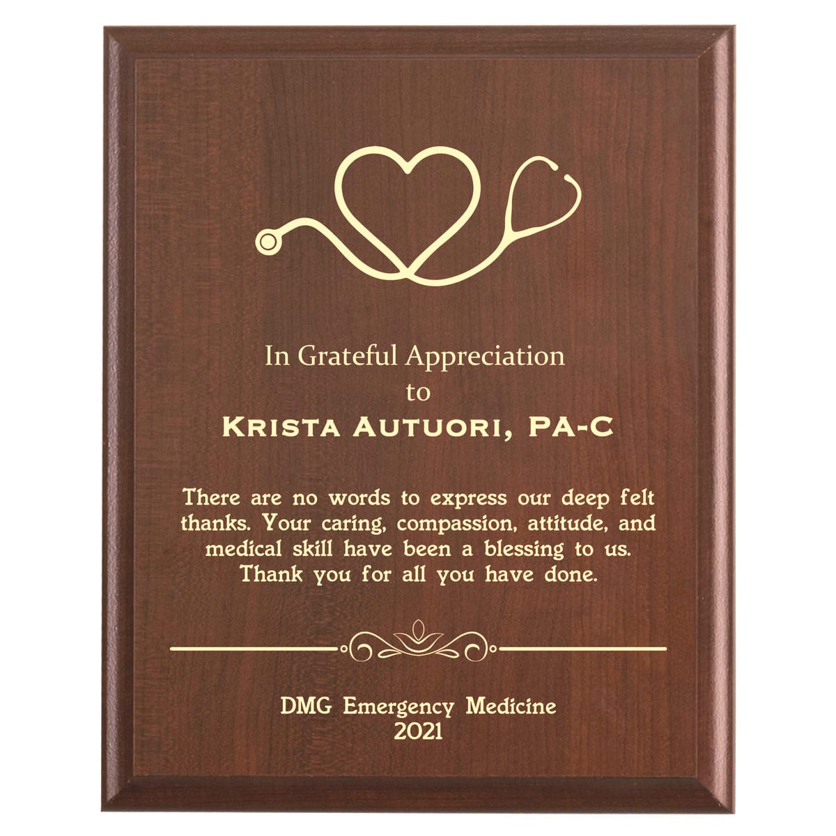 Plaque photo: Nurse Thank You Appreciation Plaque design with free personalization. Wood style finish with customized text.