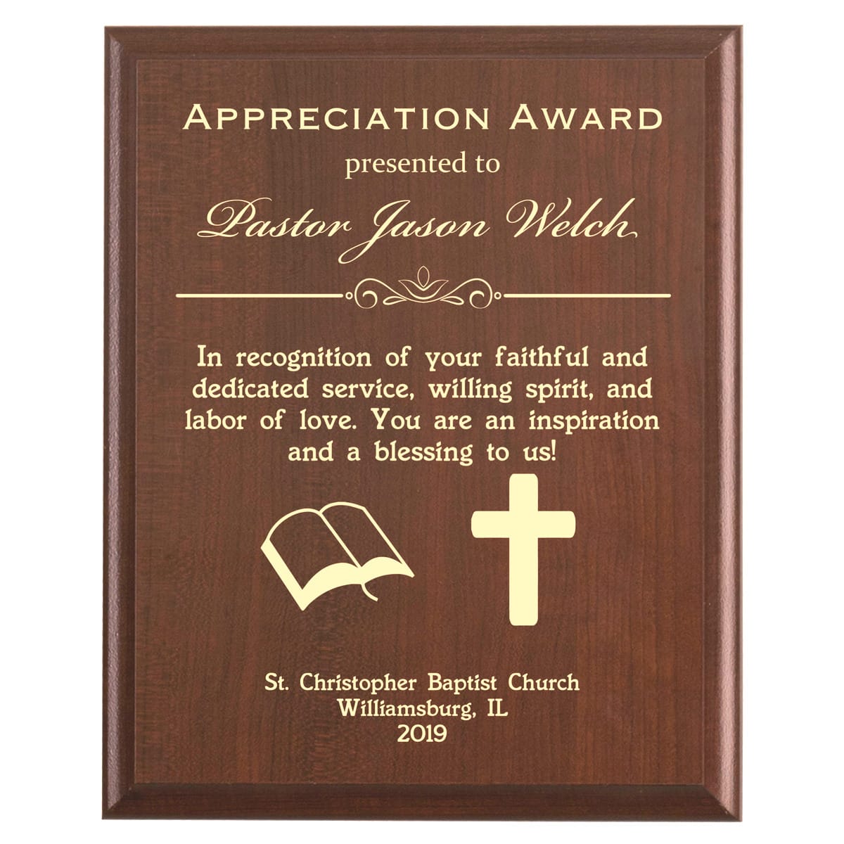 Plaque photo: Pastor Appreciation Day Gift design with free personalization. Wood style finish with customized text.