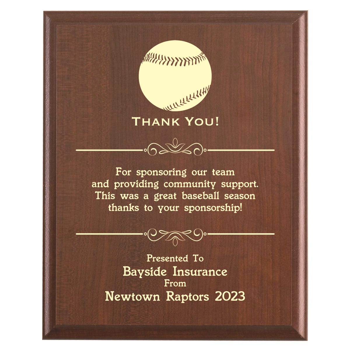 Plaque photo: Baseball Sponsor Thank You Gift design with free personalization. Wood style finish with customized text.