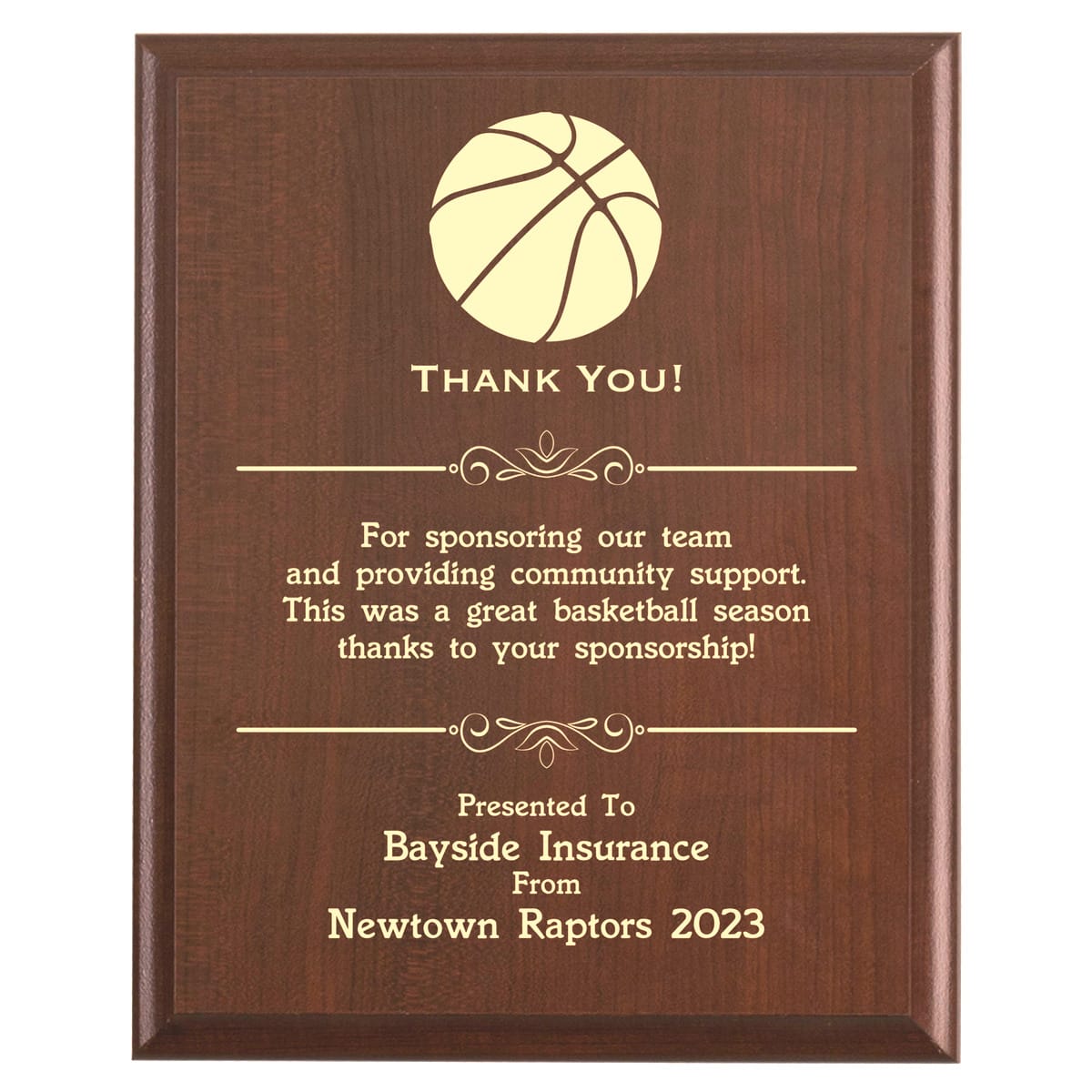 Plaque photo: Basketball Sponsor Thank You Gift design with free personalization. Wood style finish with customized text.
