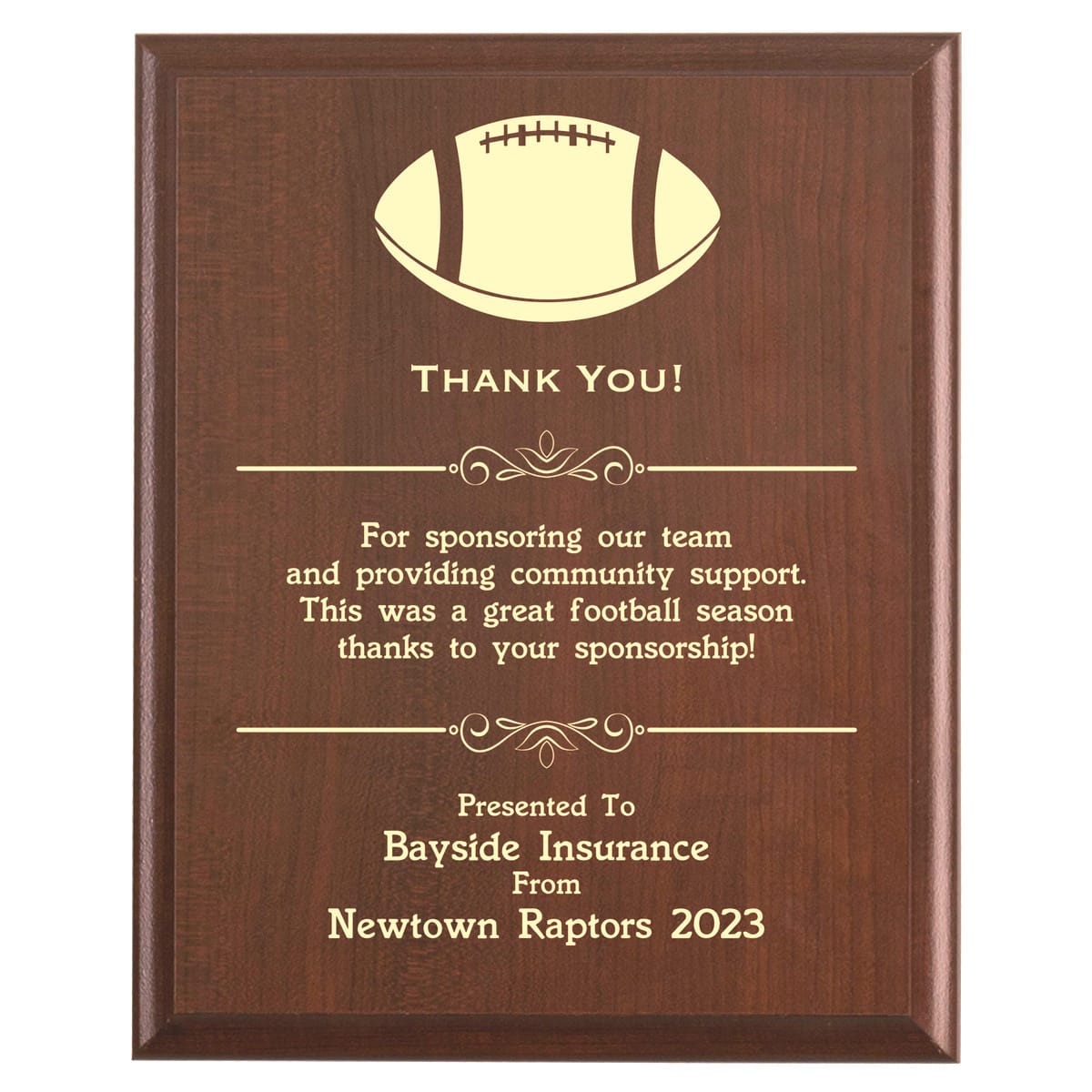 Plaque photo: Football Sponsor Thank You Gift design with free personalization. Wood style finish with customized text.