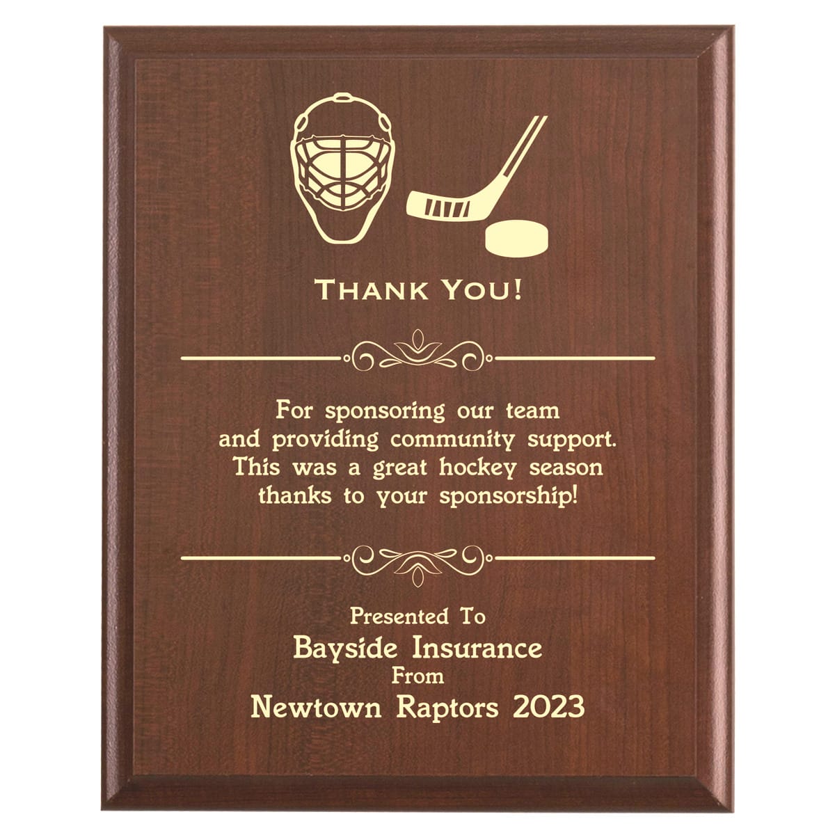 Plaque photo: Hockey Sponsor Thank You Gift design with free personalization. Wood style finish with customized text.
