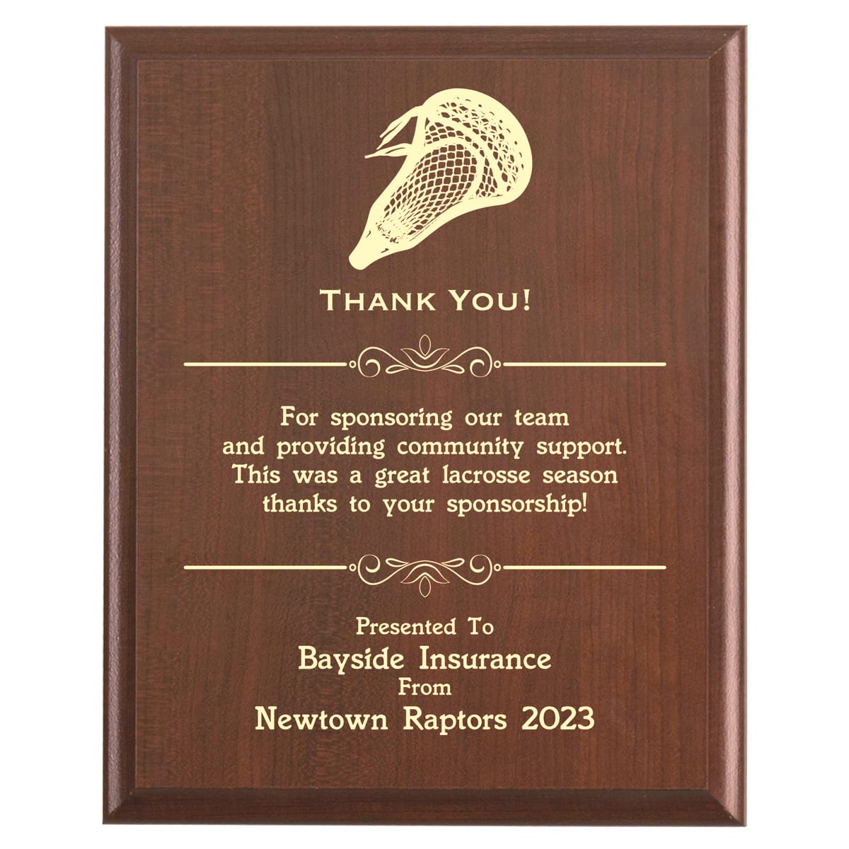 Plaque photo: Lacrosse Sponsor Thank You Gift design with free personalization. Wood style finish with customized text.