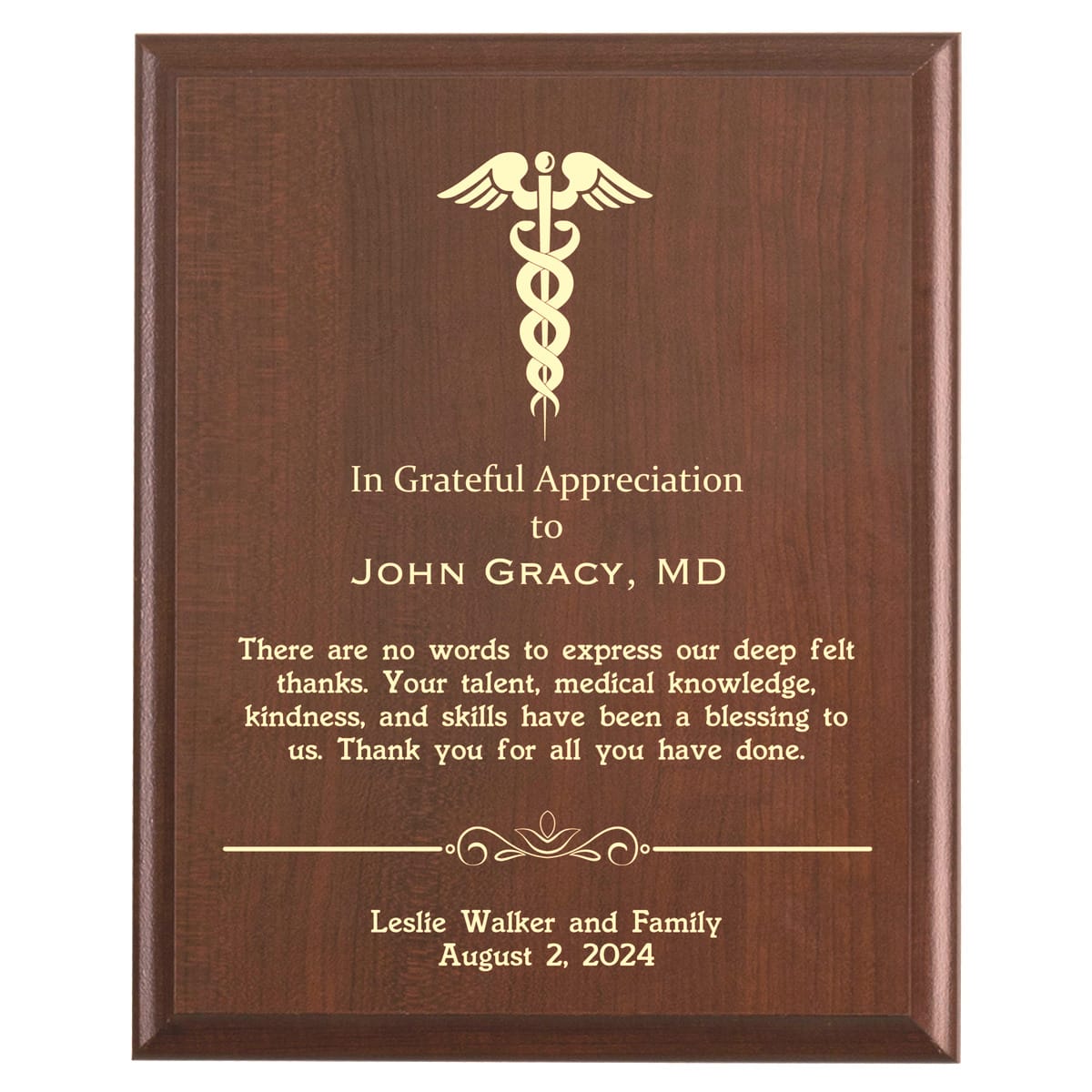 Plaque photo: Surgeon Thank You Appreciation Plaque design with free personalization. Wood style finish with customized text.