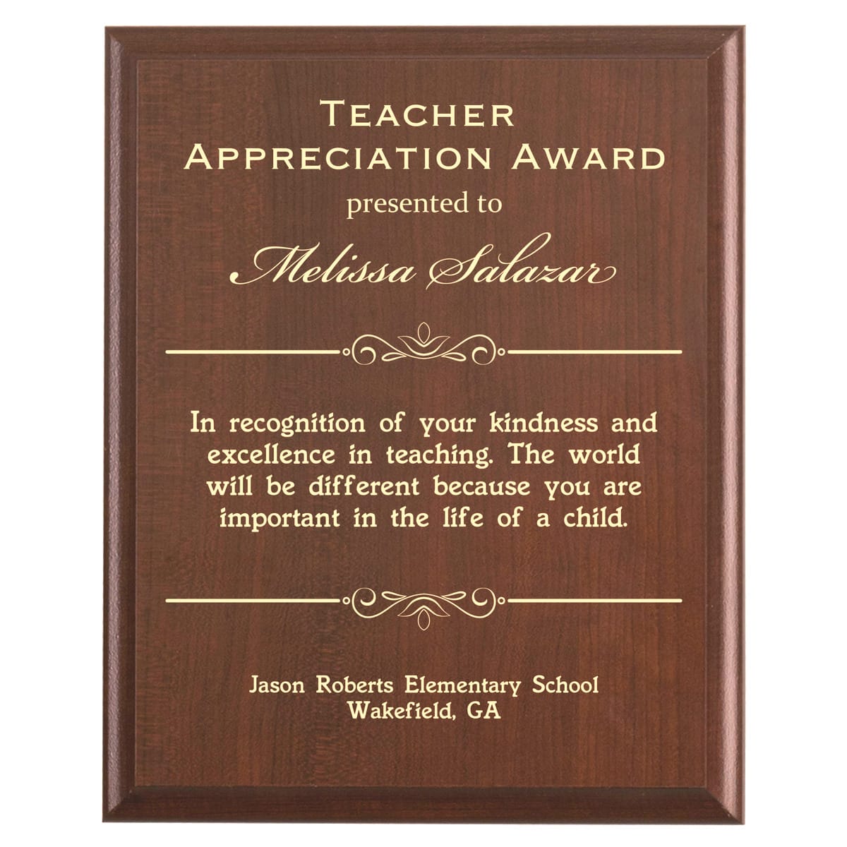 Plaque photo: Teacher Appreciation Gift Plaque design with free personalization. Wood style finish with customized text.