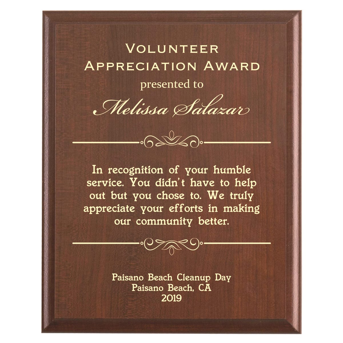 Plaque photo: Volunteer Appreciation Gift Plaque design with free personalization. Wood style finish with customized text.