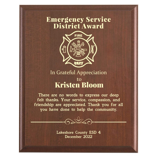 Plaque photo: ESD Emergency Service District Award Plaque design with free personalization. Wood style finish with customized text.