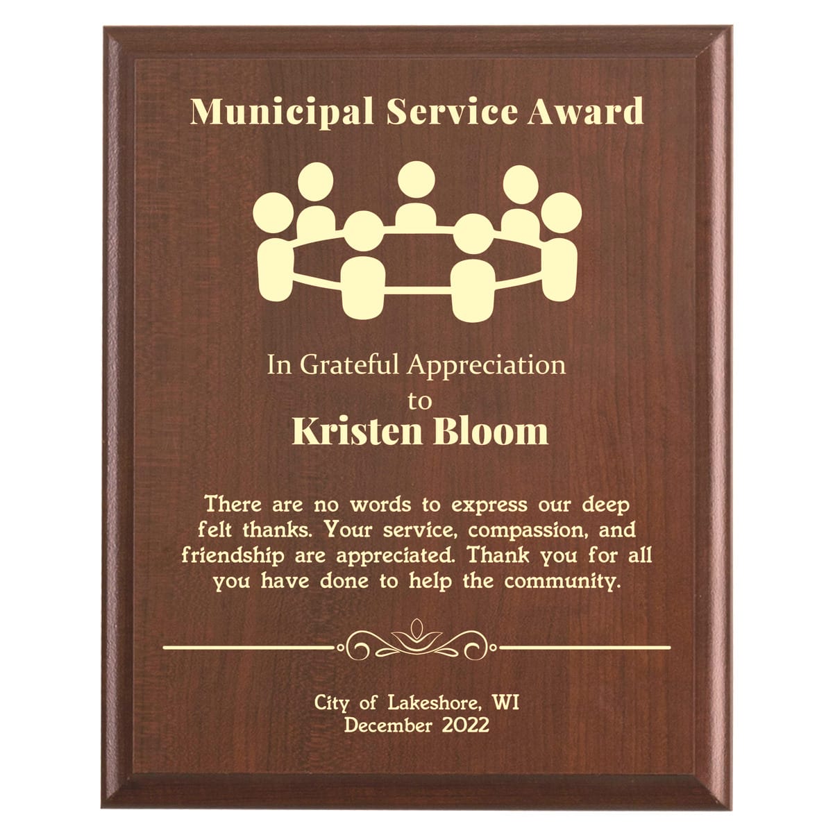Plaque photo: Municipal Service Award Plaque design with free personalization. Wood style finish with customized text.