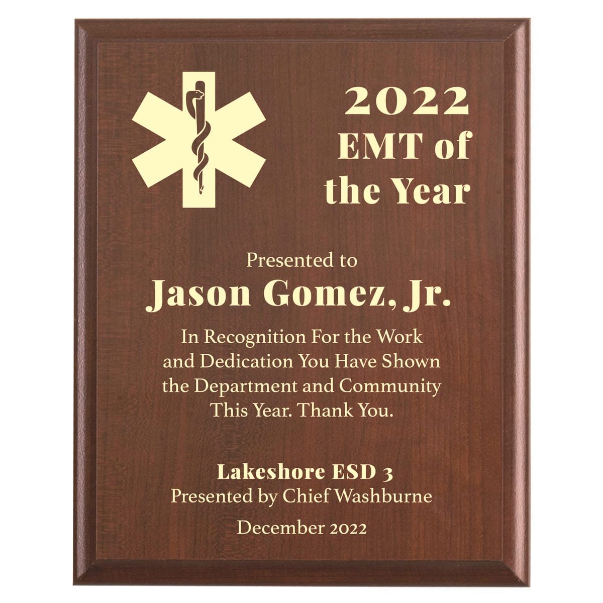 Plaque photo: EMT of the Year Award Plaque design with free personalization. Wood style finish with customized text.