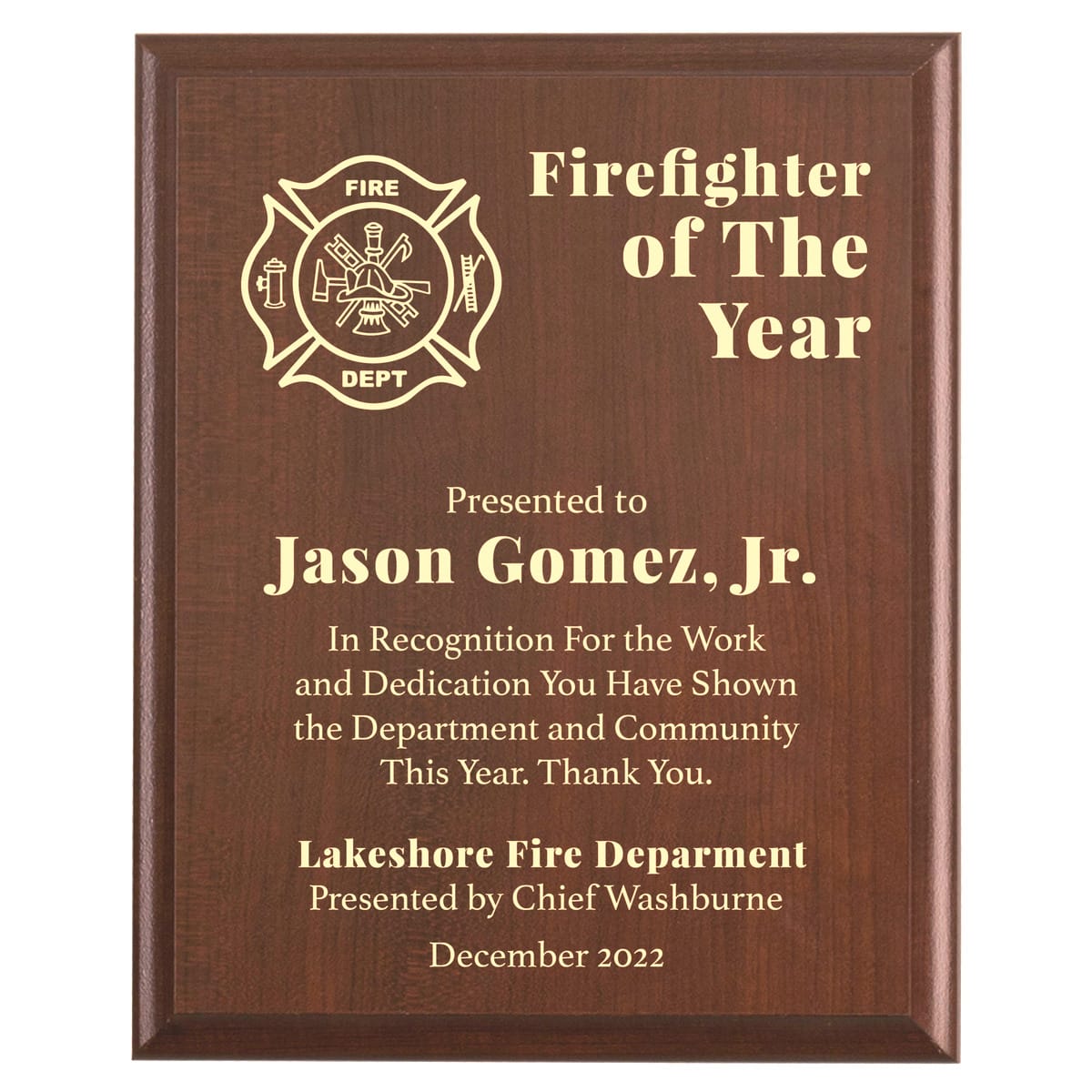 Plaque photo: Fireman of the Year Award Plaque design with free personalization. Wood style finish with customized text.