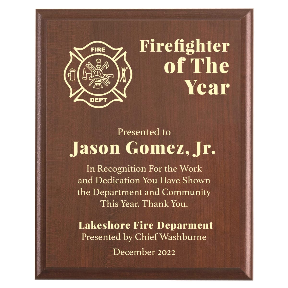 Fireman of the Year Award Plaque | Department Fire Fighter Gift ...