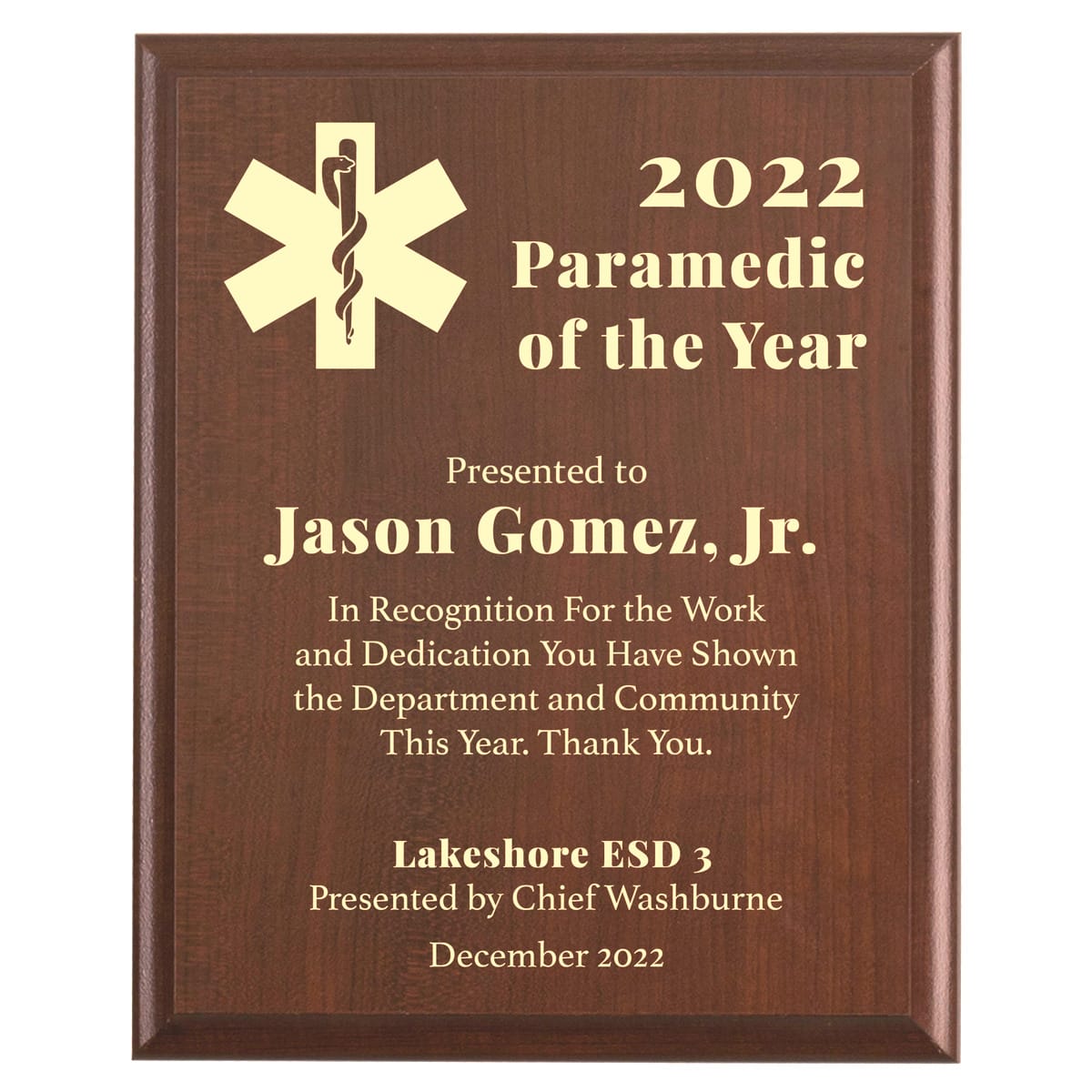 Plaque photo: Paramedic of the Year Award Plaque design with free personalization. Wood style finish with customized text.
