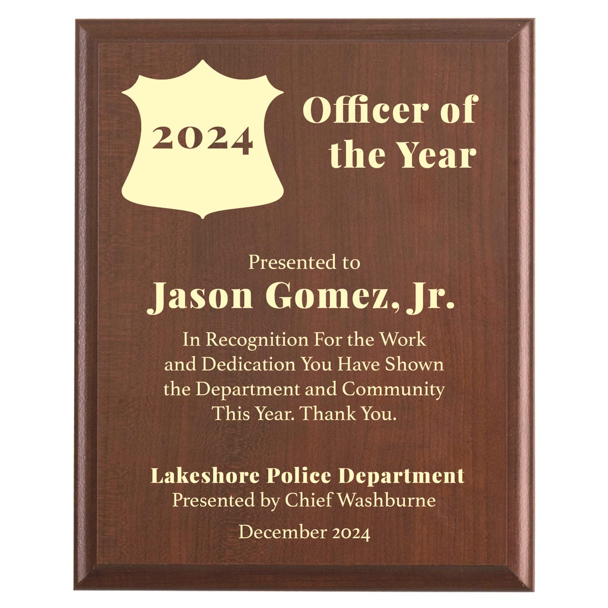 Plaque photo: Officer of the Year Award Plaque design with free personalization. Wood style finish with customized text.