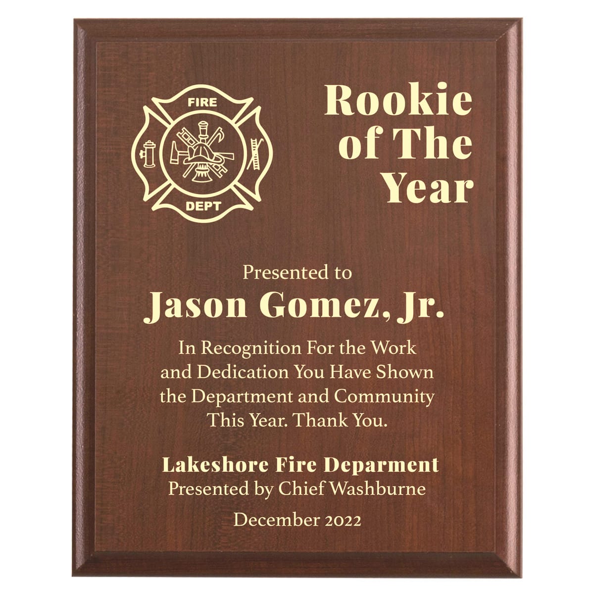 Plaque photo: Rookie of the Year Award Plaque design with free personalization. Wood style finish with customized text.